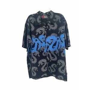 Pineapple Collection Mens Hawaiian Shirt Chinese Dragon Print Blue Black Sz XL